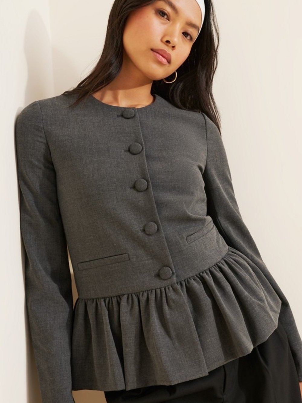 Wayf Dark Gray Peplum Blazer with Covered Buttons